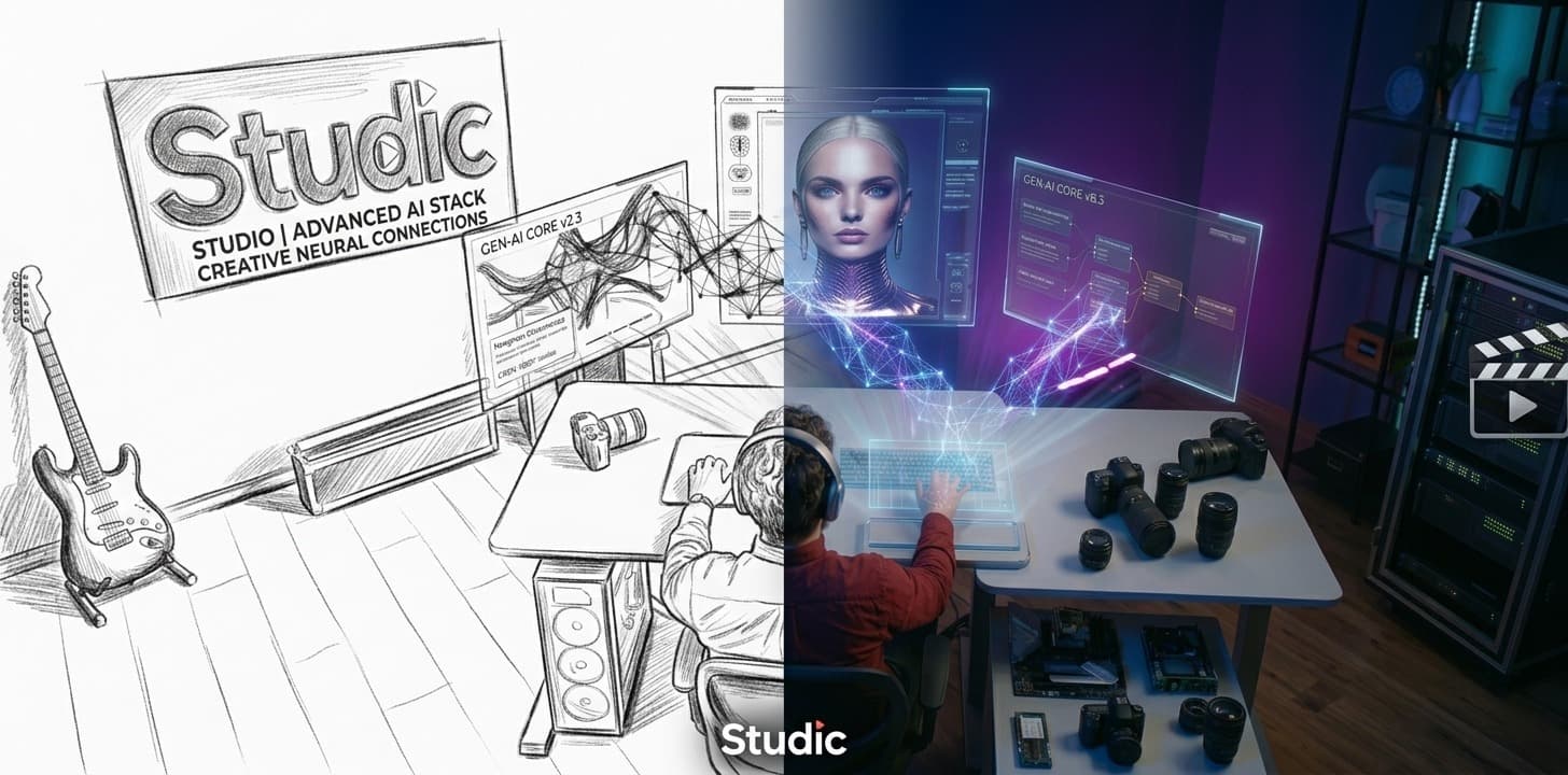 From sketch to screen—the evolution of a cinematic frame through human-led AI refinement.